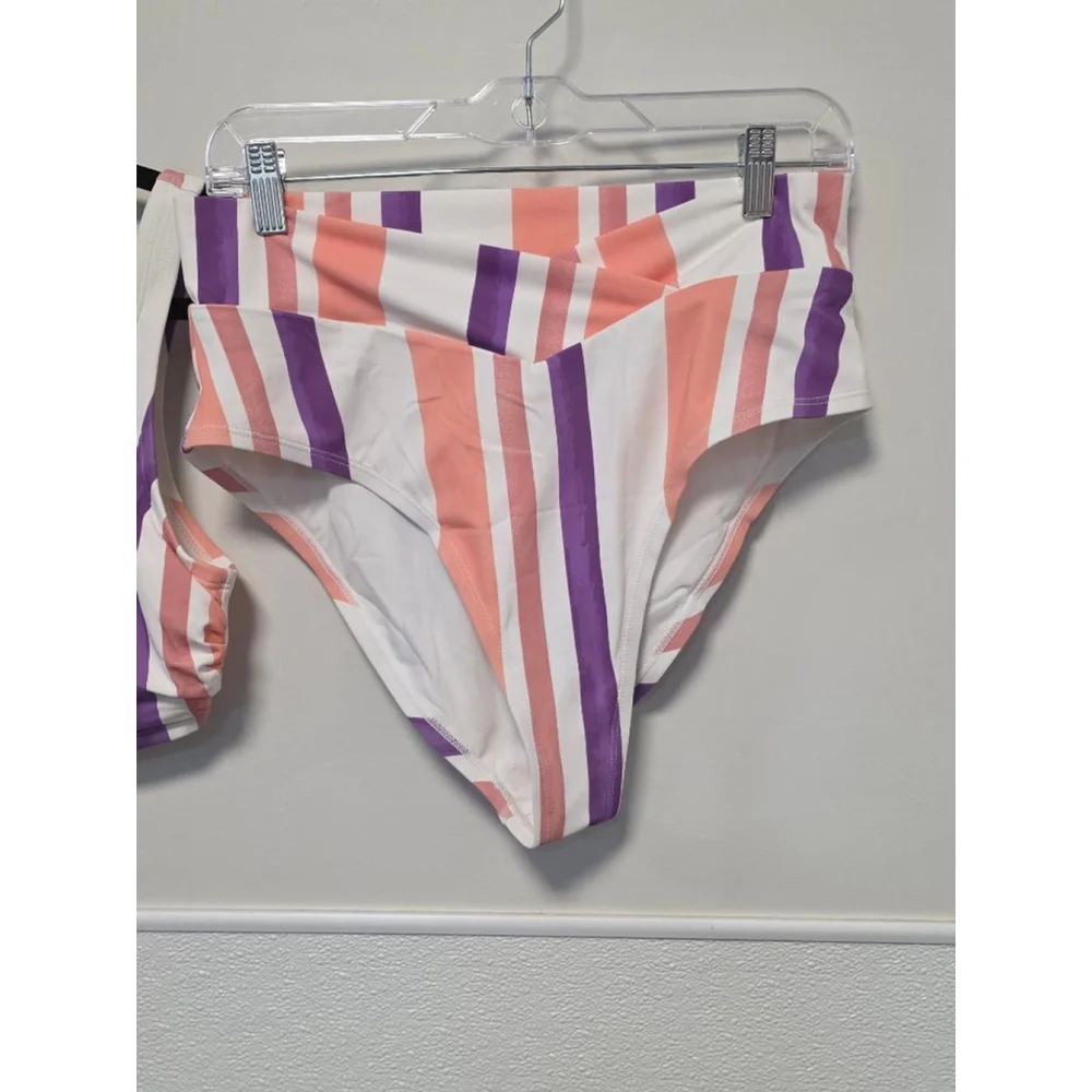 Women's Cupshe White Peach Purple Striped‎ High Waist Bikini Set 0X